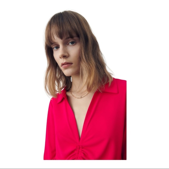 Zara Womans Size L Top V Neck Hot Pink Gathered Long Sleeve Collar ruched shirt - Picture 14 of 15